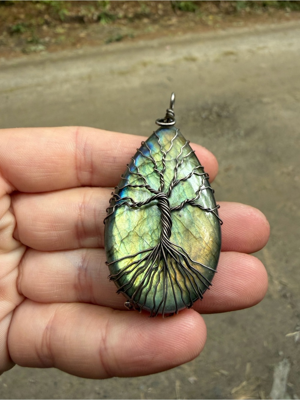 Handcrafted Labradorite Tree of Life Pendant in Iridescent Flashy Green and Blue